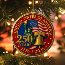 Base per albero di Natale commemorativa del 250 anniversario degli Stati Uniti con campana della libertà, fuochi d'artificio e decorazioni con