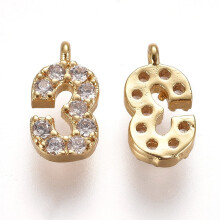 Conjunto de 10 pingentes de latão com microcravação de zircônias cúbicas transparentes, número 3, dourados, dimensões 9,5~10x4~6,5x2mm, furo: