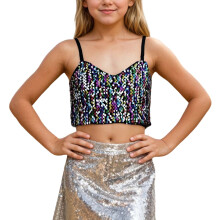 AWZXDE Meisjes Crop Top met Verstelbare Elastische Band en Pailletten, Leuke Topjes voor Tieners, Carnaval Feestkleding, Meerkleurig, 9-11 Jaar