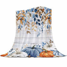 Blauwe flanellen deken met pompoenbladeren voor op bed, op reis en tijdens het kamperen, herfstkleurige aquarel deken met eucalyptusbladeren,