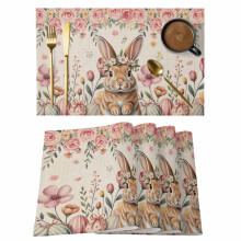 Jogo de 4 jogos americanos com coelhinho da Páscoa, estampa floral rosa em aquarela com ovos de coelho, textura de linho, antiderrapante, lavável,