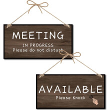 Houten deurbordje "Vergadering bezig" met jutetouw – 30 x 15 cm kantoorwanddecoratie