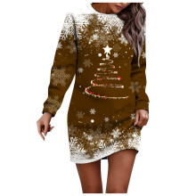 Vestido feminino de Natal com estampa natalina, gola redonda, manga longa, modelagem solta, estilo casual, ideal para lazer e verão.
