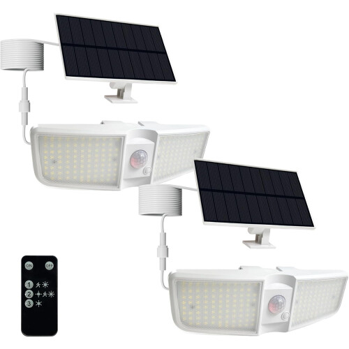 Solar Motion Sensor Floodlights 6500K, 180 LED, IP65, with Remote—White, 2-PCS