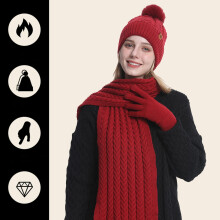 Women's Winter Knit Set with Pom Pom, Fleece Lined Cuffed Beanie, Thermal Scarf & Gloves, 3-Piece Unisex Accessories Set, Skiing Outdoor Set Red