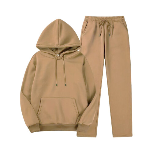 Conjunto de moletom feminino de duas peças com capuz e calça.