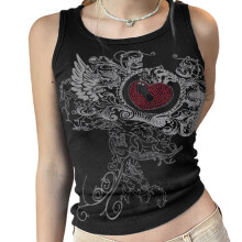 Tanktop med snøre i siden til kvinder, træningstanktops med ruched crop, tanktop med grafisk print og ærmeløs crop-top i gotisk stil, afslappet