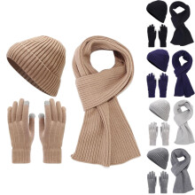 Women's 3-Piece Winter Knit Set: Fleece-Lined Beanie, Scarf & Gloves – Warm Ski Hat Gift Set, Khaki
