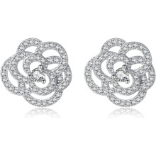 Solid 925 Sterling Silver CZ Flower Wedding Earrings Stud for Women Teens 1.5CM Camellia Flower Stud Earrings Bridal
