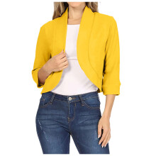 Womens Cropped Blazer 3/4 Ruched Sleeve Collarless Blazers Open Front Casual Work Office Cardigan Suit Jacket Yellow, XXXL