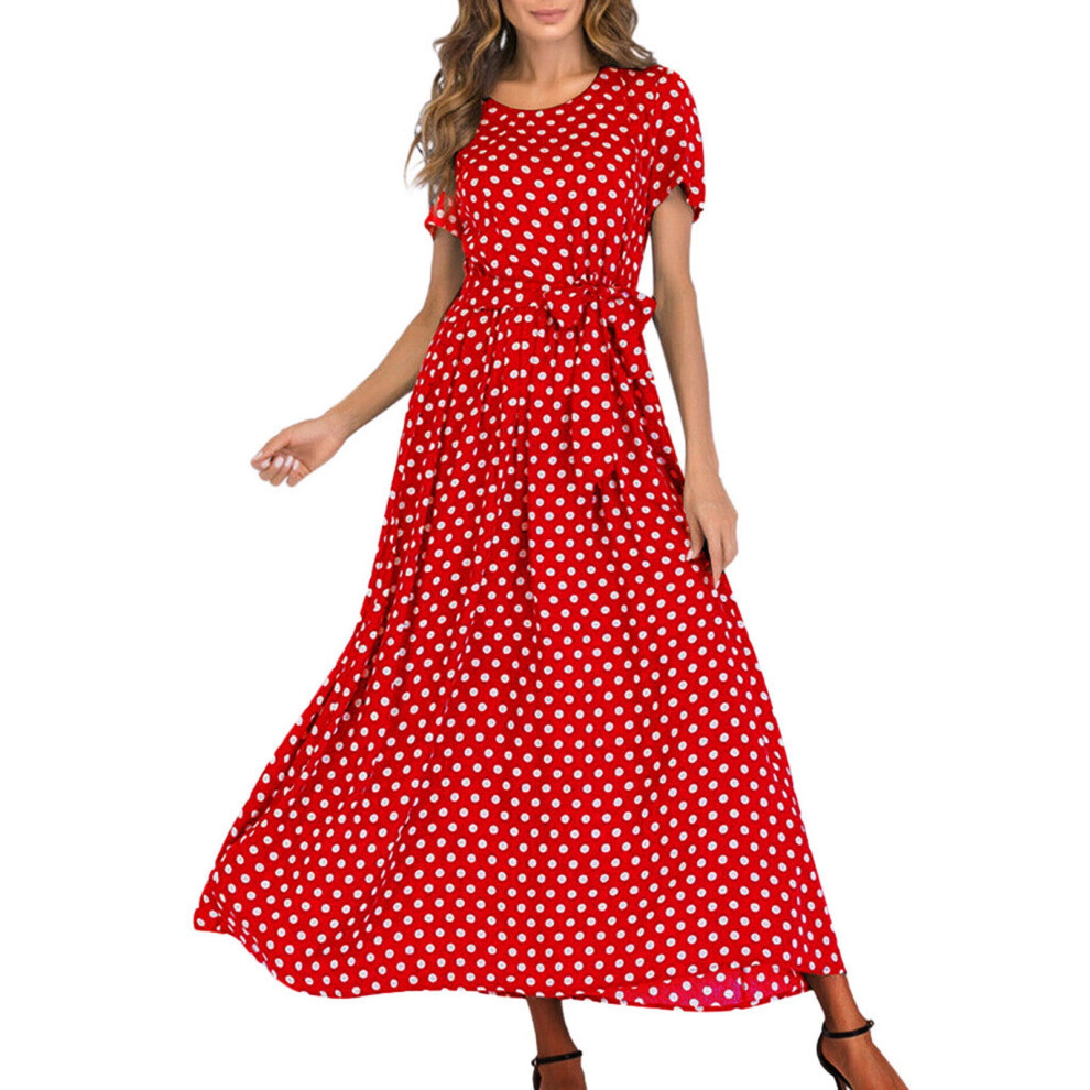 Unisex Maxi Dress For Women Boho Summer Polka Dot Print Casual Short Sleeve Long Dresses Flowy Swing Beach Sundress