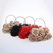 Women Fashion Rose Flower Pattern Faux Silk Handbag Bridal Clutch Bag for Wedding Evening Party