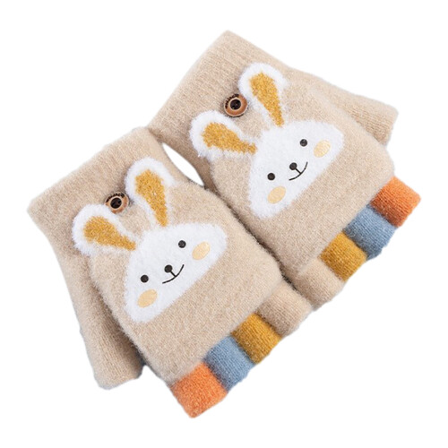 Children's Five-Finger Knitted Winter Gloves, Beige, 1 Pair