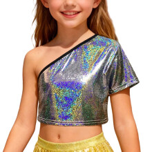 AWZXDE Girls Off Shoulder Cropped Tee Micro Print Casual Top For Dance And Party Wear Playful Cute Tops For Teens Fashion Style Black,150