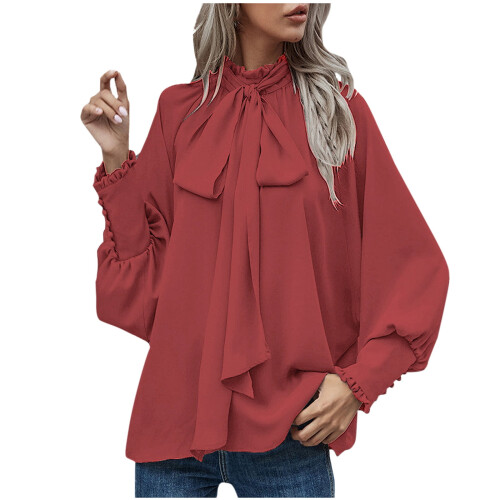 Women's Bow Tie Mock Neck Blouse Long Sleeve