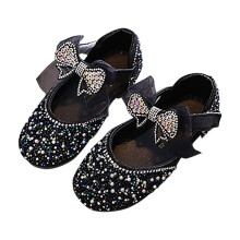 Girls Sparkle Princess Dress Shoes Bow Wedding Party Flower Bridesmaids Mary Jane Ballet Flats for Kid Toddler Black 3-4 Years