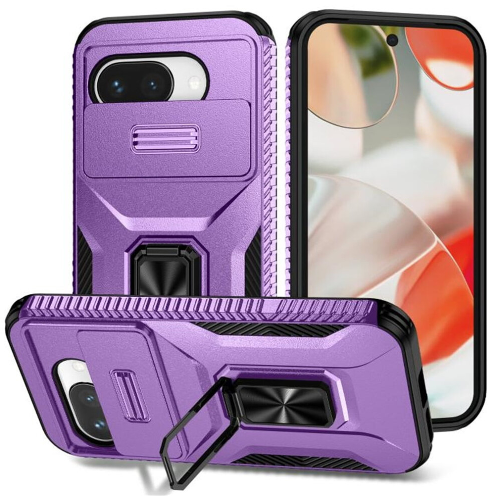 Slim Fit Shockproof Hybrid Case For Google Pixel 9A Â Slide Camera Cover, Rotated Ring Kickstand, Military-Grade, Compatible With Google Purple 9485826571070