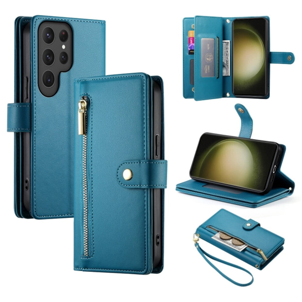 Wallet Case For Samsung Galaxy S23 Ultra 5G (6.8") Â Multi-Card Slots, Zipper Pocket, Lanyard Strap, Leather Blue 9485826571322