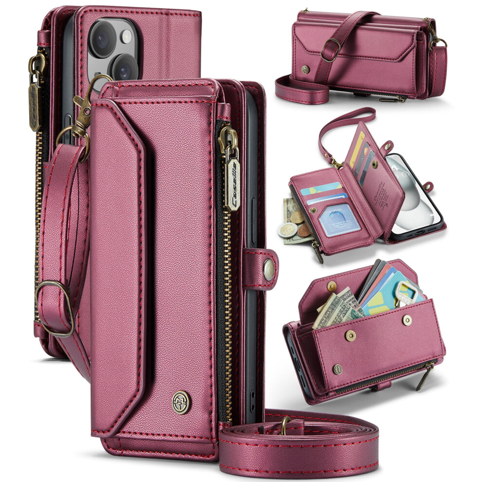 Caseme Leather Wallet Case For Iphone 15 6.1-InchâRfid Blocking, 7-Card Holder, Zipper Bills Slot, Magnetic Strap, Wine Red 9558633985962