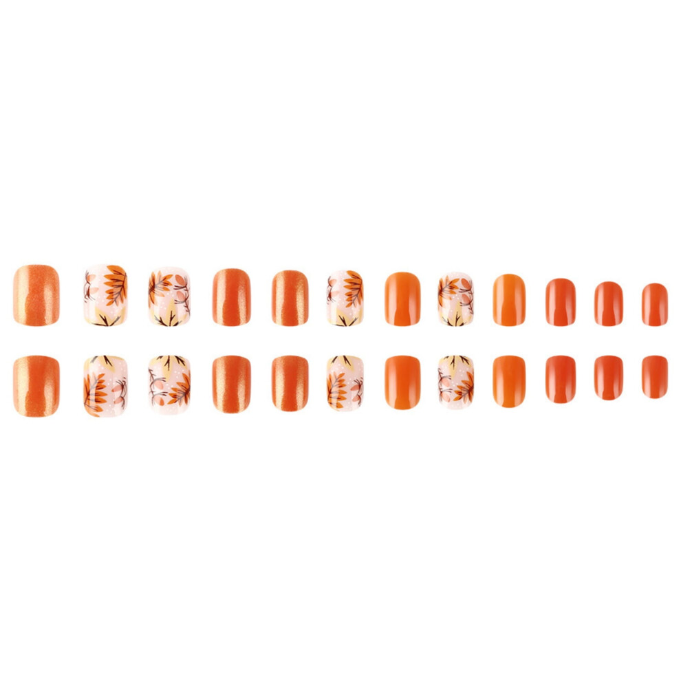Fall Maple Leaves Press on Nails Short False Nails Thanksgiving Artificial Nails Full Covers on Nails for Women