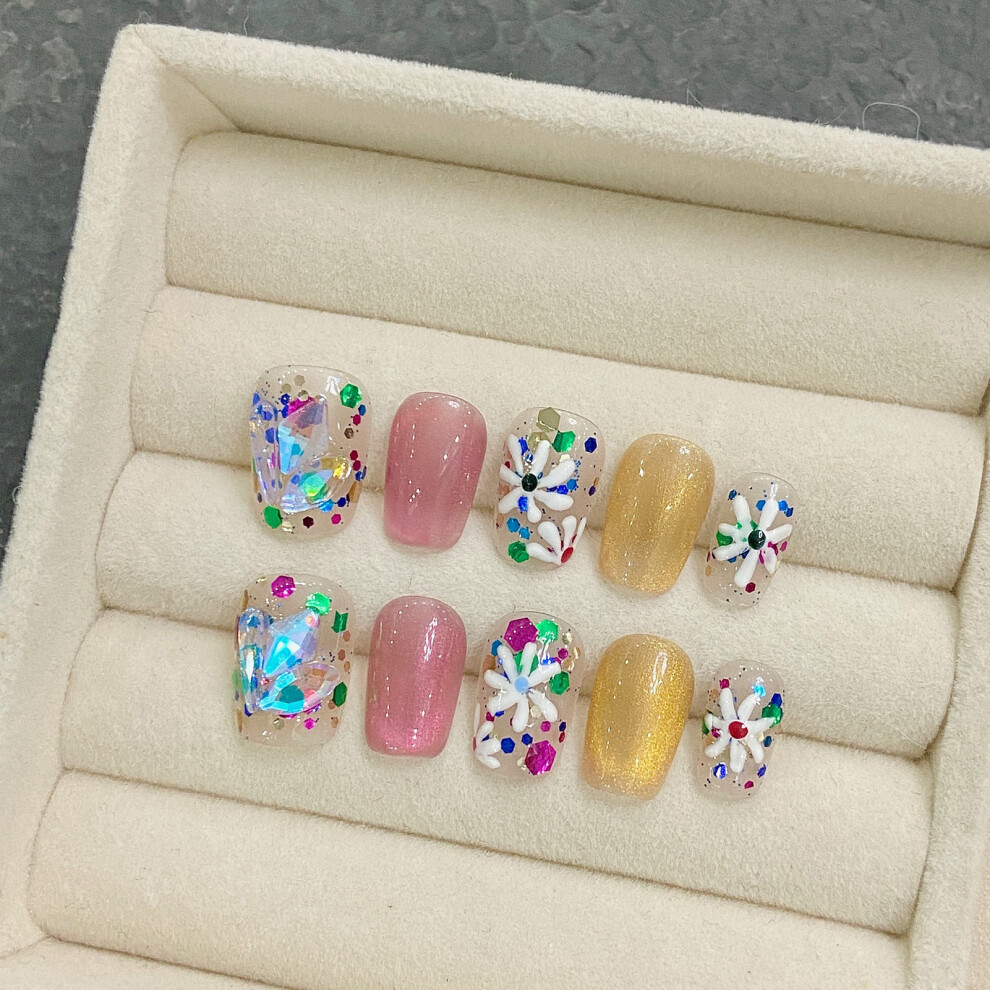 Bright-Home (S) Pink Gold Short Fake Nails With Flower Decor Natural Unbreakable Nail Simple Wear For Manicure Lovers And Beauty Blogger
