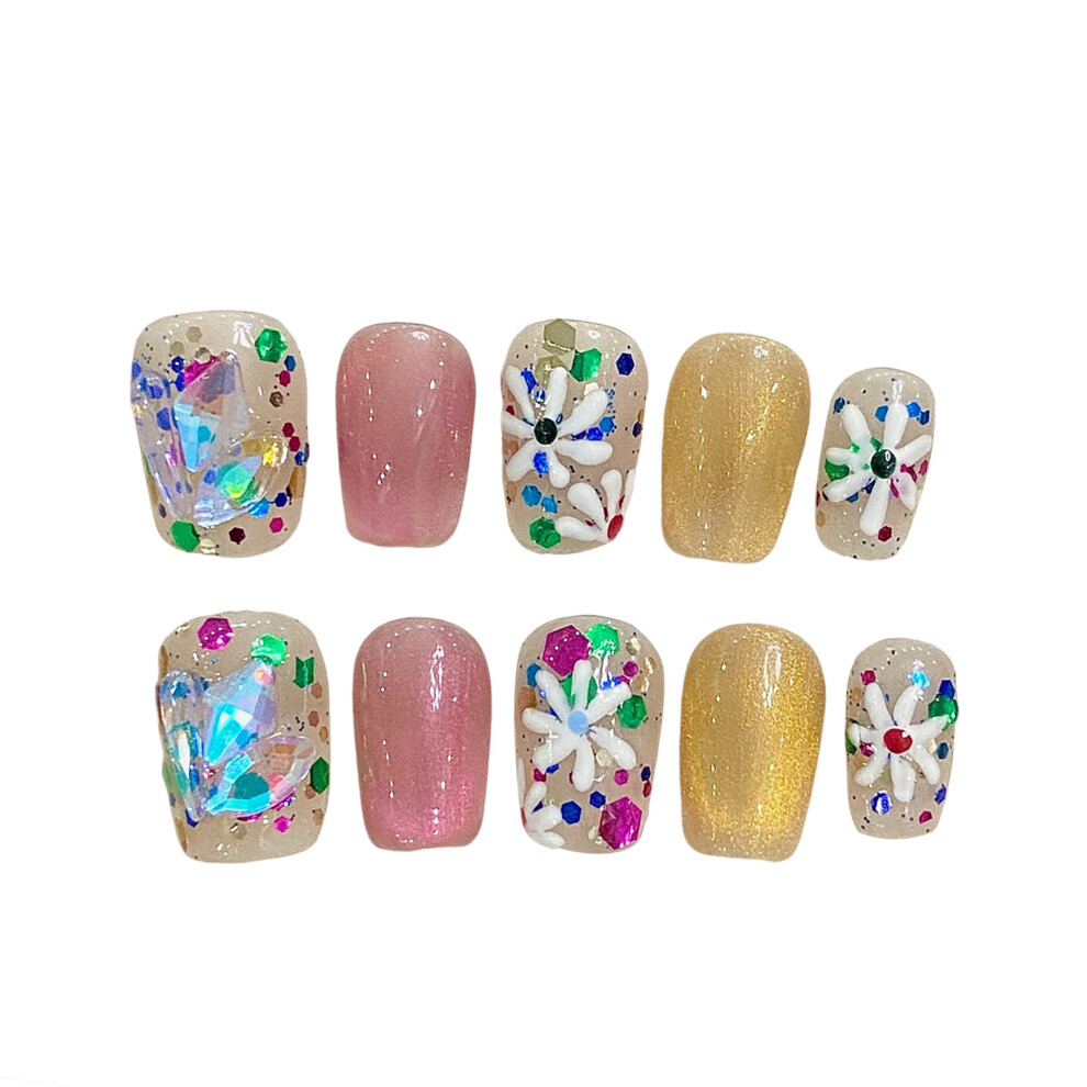 Reach-Tools Pink,Gold (Xs) Pink Gold Fake Nails With Flower Decor For Manicure