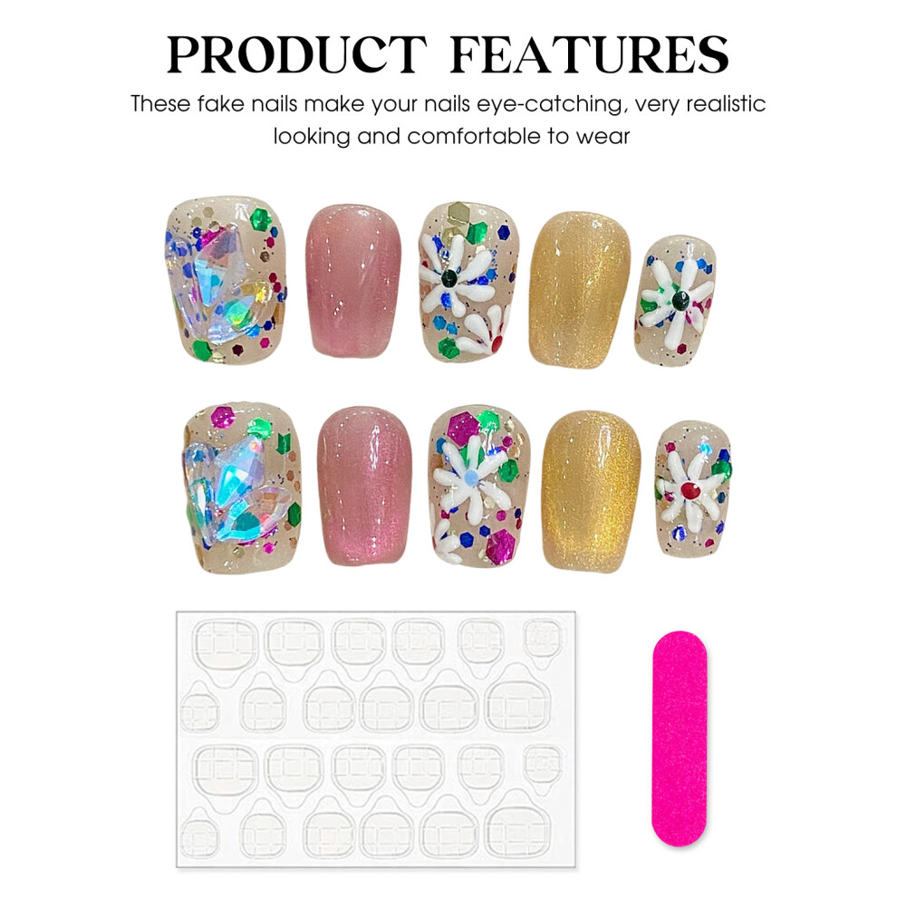 Reach-Tools Pink,Gold (M) Pink Gold Fake Nails With Flower Decor For Manicure