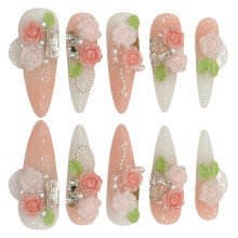 (S) 3D Flower French Press On Nails - Long Almond Resin