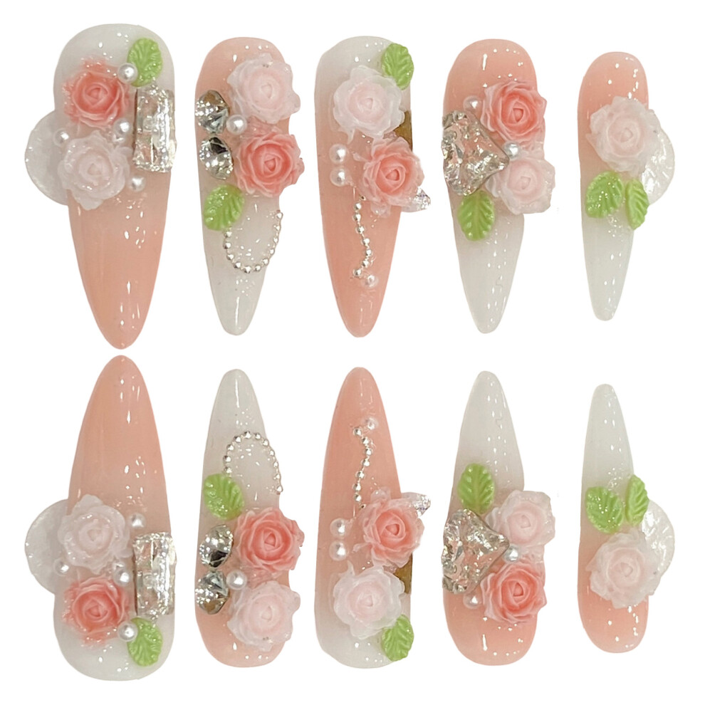 Roc-Electron (S) 3D Flower French Press On Nails - Long Almond Resin