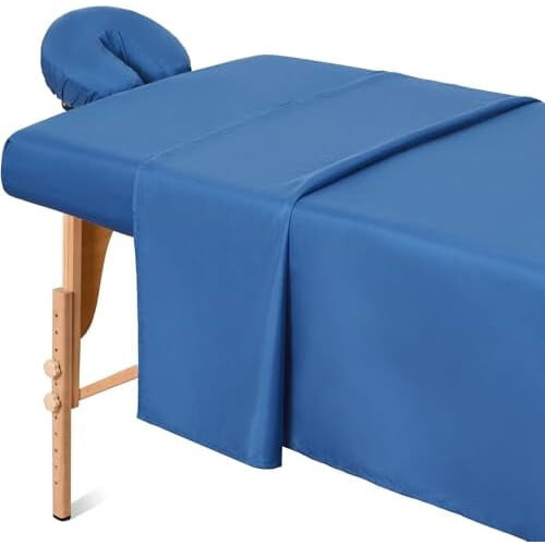 Massage Table Sheets Set (3pcs) – Microfiber, Soft, Stain & Wrinkle Resistant, Flat + Fitted + Cradle Cover – Dark Blue