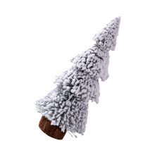 Kleiner, schneebedeckter Kiefernbaum als Miniatur-Weihnachtsbaum mit Sockel für die Tischdekoration zu Hause – ideal für Weihnachtsfeiern und als