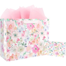 Sacola de presente floral ASYEH13" com cartão e papel de seda – para aniversário, Dia das Mães, Dia dos Namorados, aniversário de casamento,