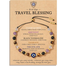 Verfijnde armband met het boze oog en 5 helende stenen (heldere kwarts, amethist, enz.) – Verstelbaar spiritueel beschermend sieraad, cadeau +