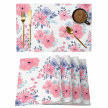 Jogo de 12 jogos americanos com estampa floral em aquarela rosa e roxa, antiderrapantes, laváveis, para uso interno e externo.