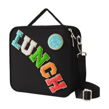 Lancheira térmica com alça ajustável, sacola de nylon reutilizável, estampa de carinha sorridente, preta, 23x23 cm, ideal para escola e