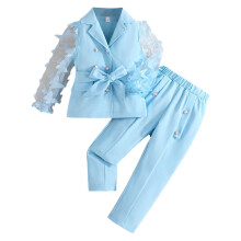 Conjunto de roupa infantil para meninas, com blazer, casaco e calça de chiffon com mangas compridas e laço, ideal para o outono. Perfeito para uso