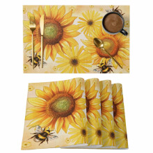 Jogo de 8 jogos americanos com estampa de flores da primavera, margaridas e girassóis em aquarela, textura de linho, antiderrapantes, laváveis –