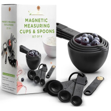 Set di 9 misurini e cucchiai dosatori, impilabili, con tacche di facile lettura per misurare ingredienti secchi o liquidi, colore nero.