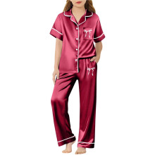 Girls Short Sleeve Two-Piece Set Silk Satin Bow Print Shirt
