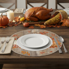 Round Fall Placemats, Pumpkin Maple Leaf Print Table Mats for Thanksgiving Dinner, Heat Resistant Cozy Table Decor(E)