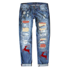 Dámske vianočné roztrhané džínsy s potlačou Distressed Washed, rovné džínsy so stredne vysokým pásom, vianočné, streetwear, mäkké