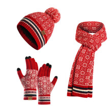 Women's Pom Pom Beanie Set (Fleece-Lined) + Scarf & Gloves – 3-Piece Matching Winter Ski Accessories Gift Set, Red