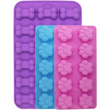 3PCS Silicone Molds (18+10 Cavity) – Puppy Paw & Bone Shapes, Oven/Microwave/Freezer/Dishwasher Safe – Pink/Blue/Purple