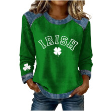 Damesweatshirt med Shamrock-kunsttryk og St. Patricks Day-motiv, grøn sweatshirt med Shamrock-motiv