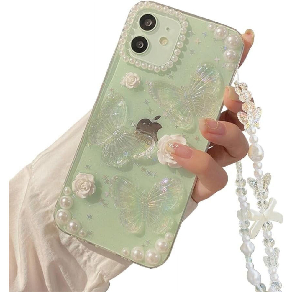 Compatible With Iphone 12 Mini Case: 3D Butterfly Flower Charm, Crystal Clear, Shockproof, Wrist Bracelet & Pearl Accents White 9085618427303