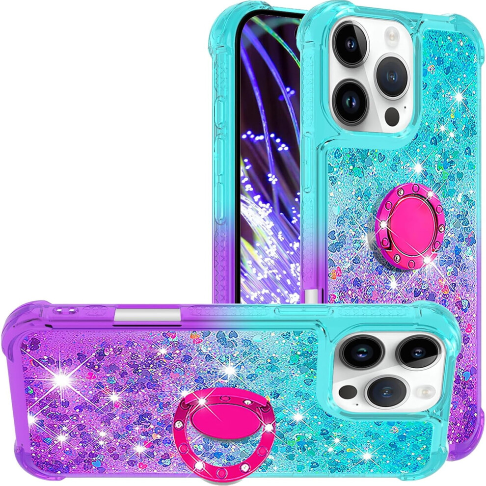 Gradient Quicksand Case For Iphone 16 Pro Â Ring Kickstand, Bling Sparkle Liquid Glitter Cover, Jb-Green Purple 9085618863057