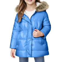Girls Hooded Puffer Coat with Faux Fur Trimmed Hood Full Zip Front Snap Closure and Quilted Design Winter Outerwear Jacket Style #E045 Blue 150