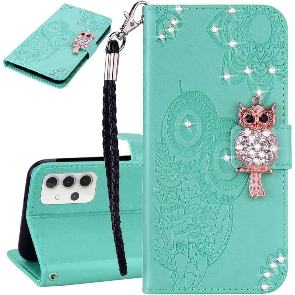 Compatible With Samsung Galaxy A20 Case Â Glitter Crystal Owl Flip Wallet With Wrist Strap, Kickstand & Magnetic Closure Â Green 9181073391026
