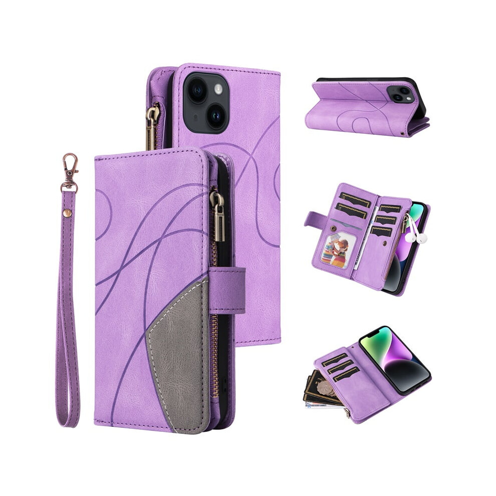 Iphone 15 Wallet Case Â Pu Leather Folio With 9-Card Holder, Zipper Pocket, Magnetic Closure & Wrist Strap, Compatible With Iphone 15 (6.1") Purple 9558633987737