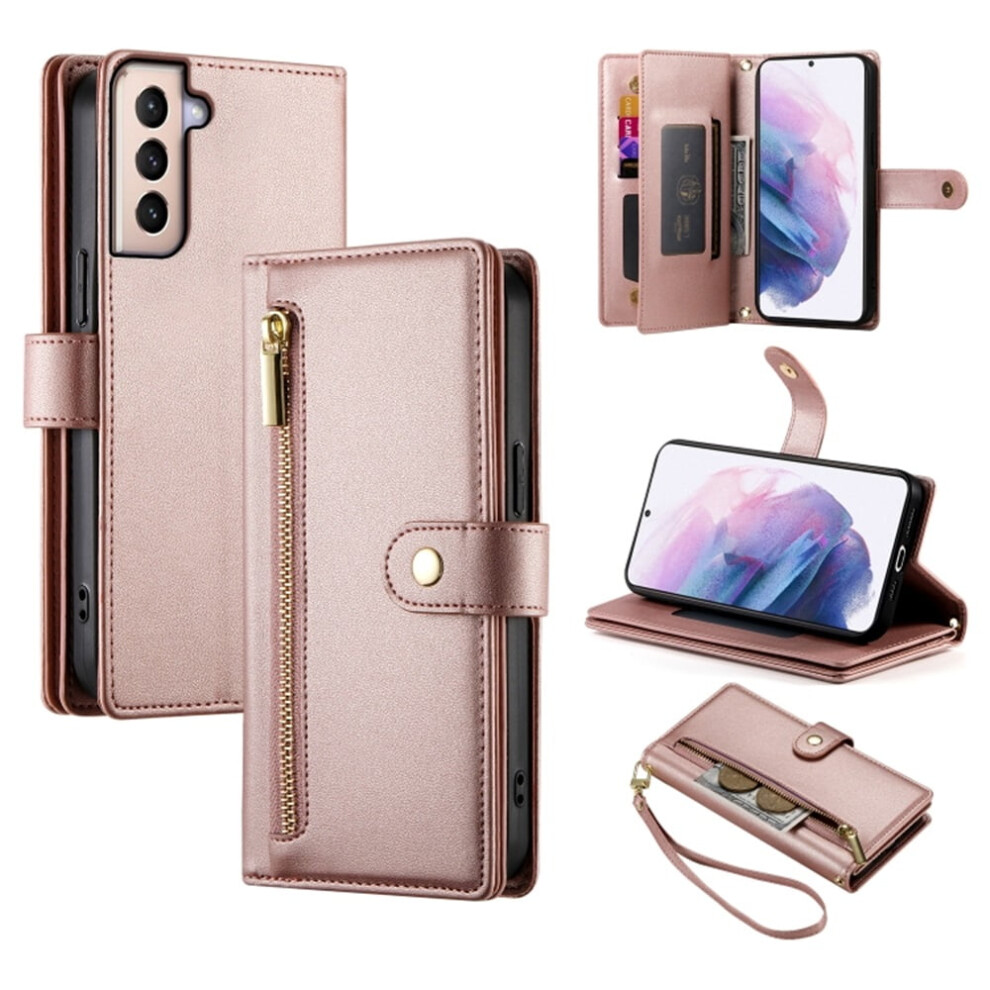 Leather Wallet Case For Samsung Galaxy S21+ 5G (6.7") Â Multi-Card Slots, Zipper Pocket, Lanyard Strap, Wristlet Pink 9558633988307